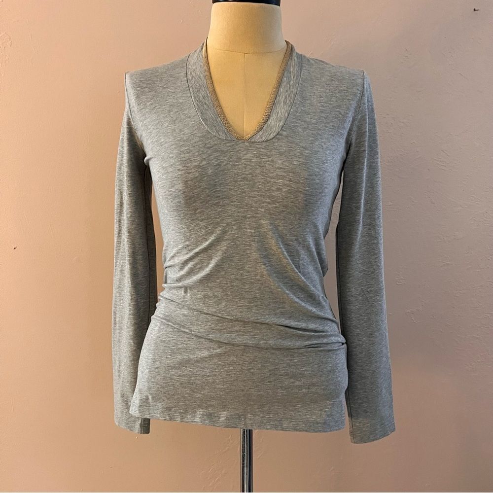 Brunello Cucinelli Scollo V Gray Cotton Long Sleeved T-shirt L